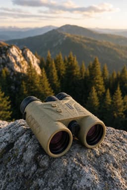 Binoclu 10x42 pe o stâncă, la munte, în lumina de apus