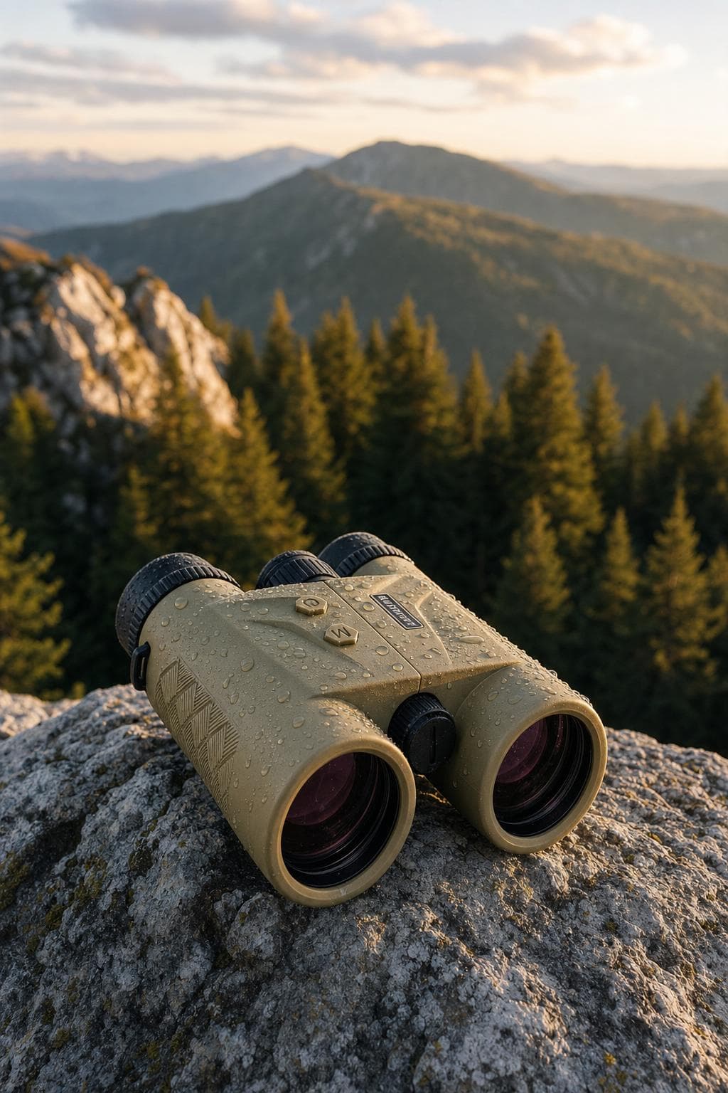Binoclu 10x42 pe o stâncă, la munte, în lumina de apus