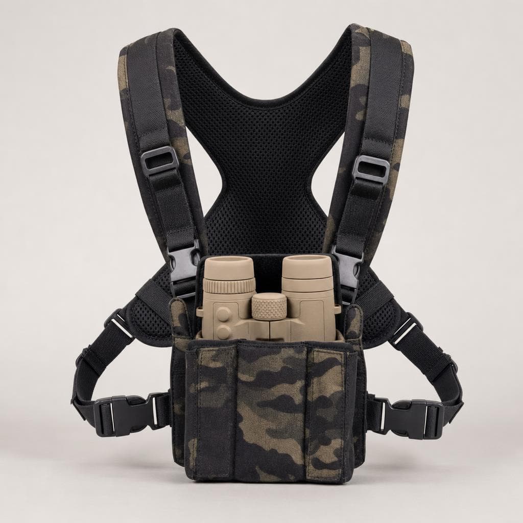 Sistem de transport hands-free — binoclul așezat în hamul de piept camuflaj inclus în pachet