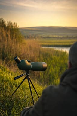 Lunetă terestră pe trepied, folosită pentru birdwatching la apus
