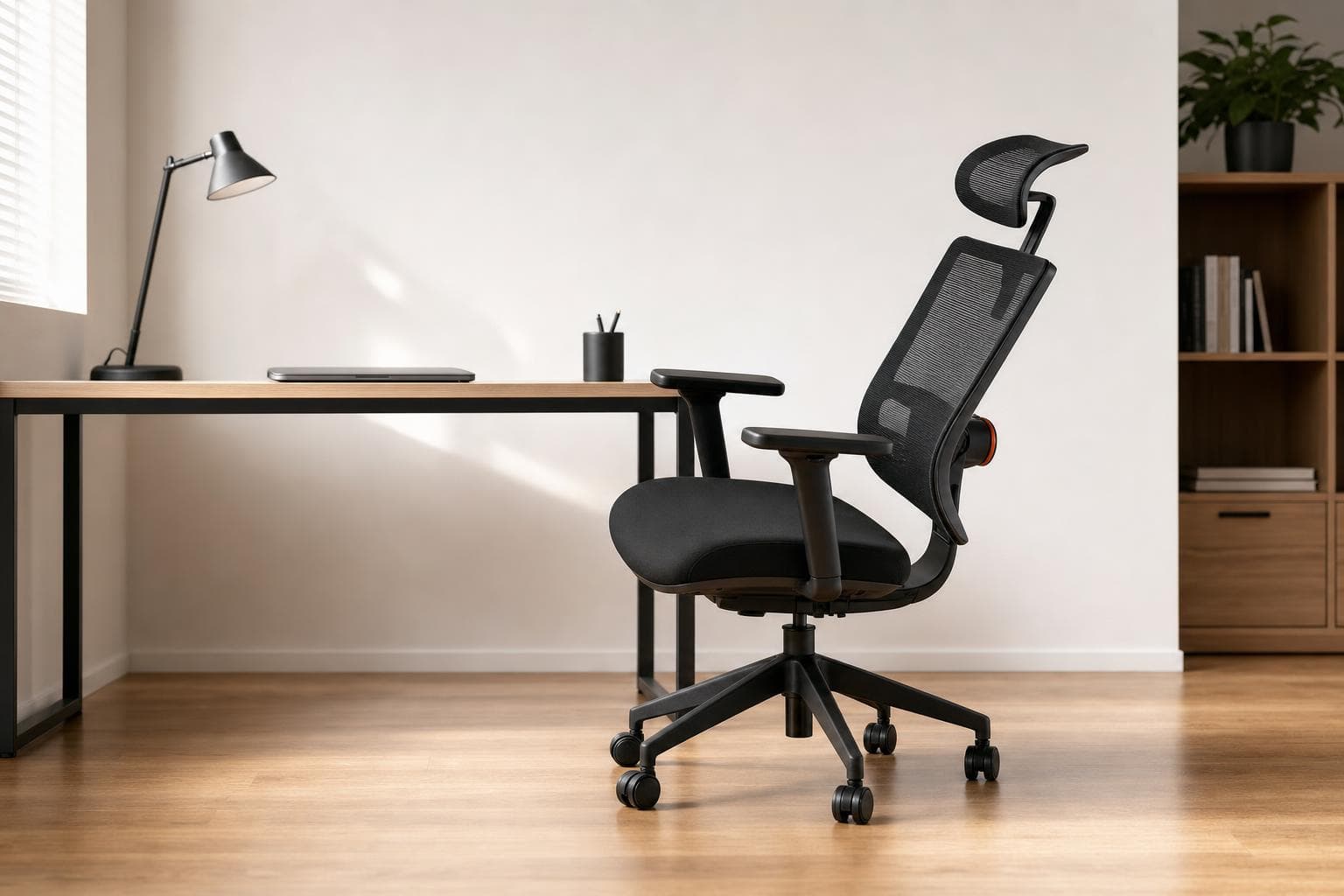 Scaunul NEWTRAL MAGICH003 la un birou modern, vedere laterală pe înclinare